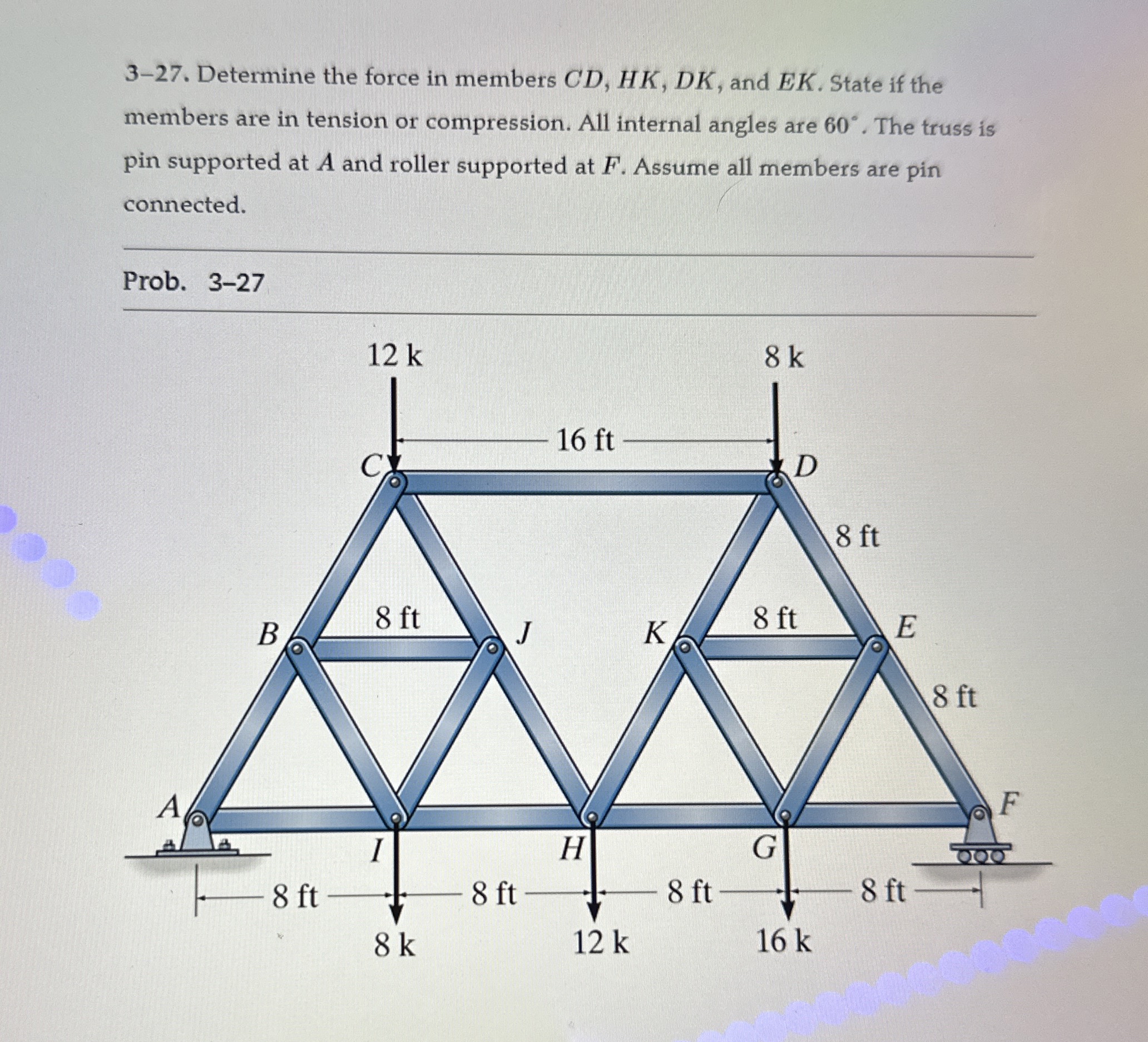 3 - 2 7 . Determine the force in members C D , H