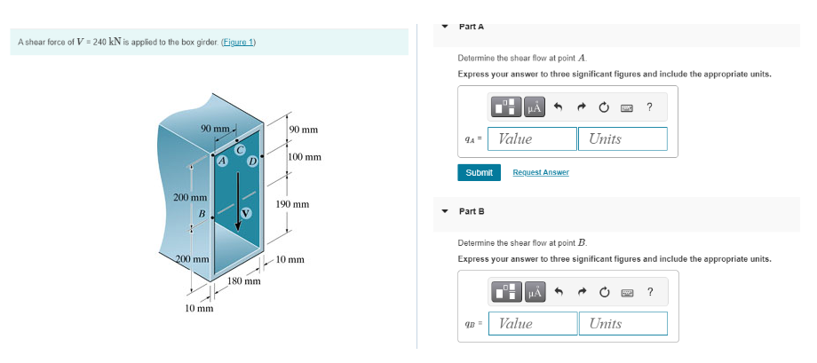 A shear force of V = 2 4 0 k N is applied to the