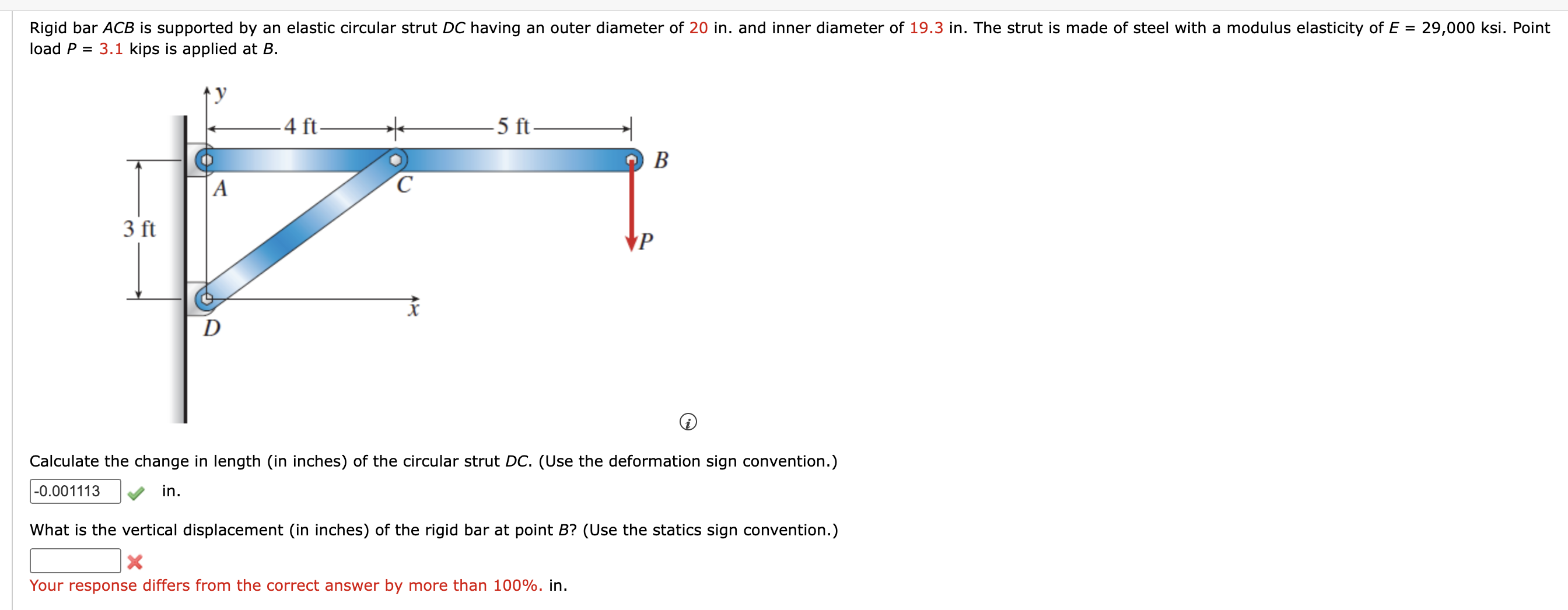 Rigid bar ACB is supported by an elastic circular