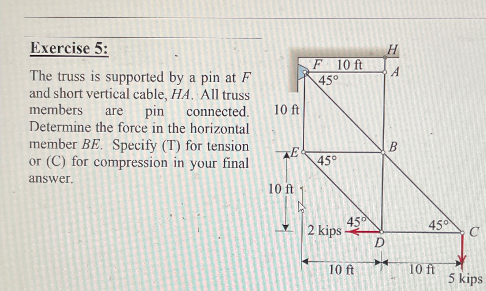 Exercise 5 : The truss is supported by a pin at F