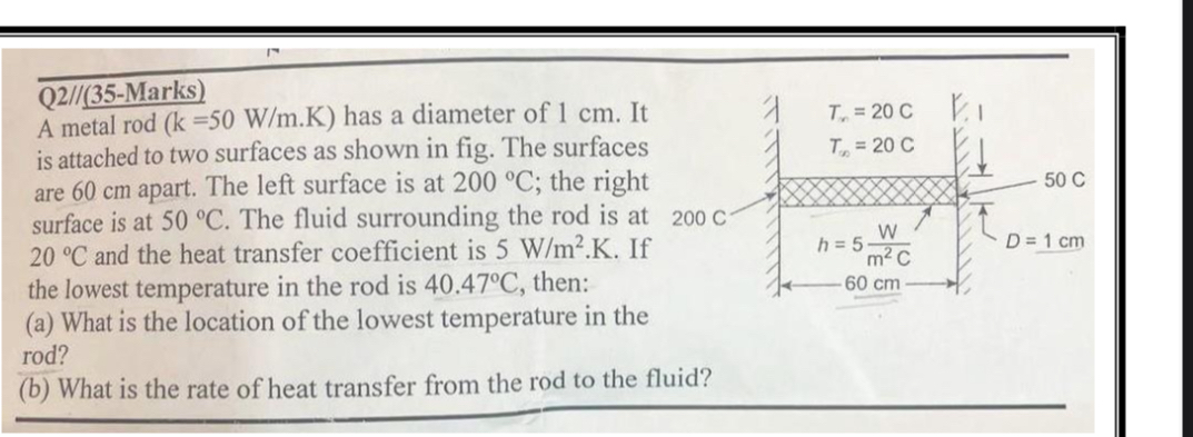 Q 2 / / ( 3 5 - Marks ) A metal rod ( k = 5 0 W m