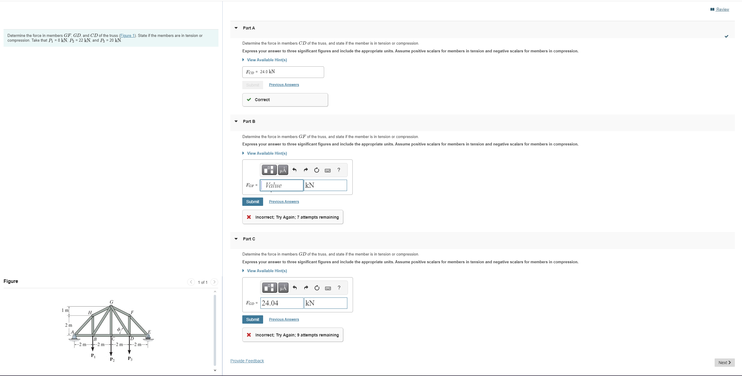 Determine the force in members \ ( G F , G D \ )
