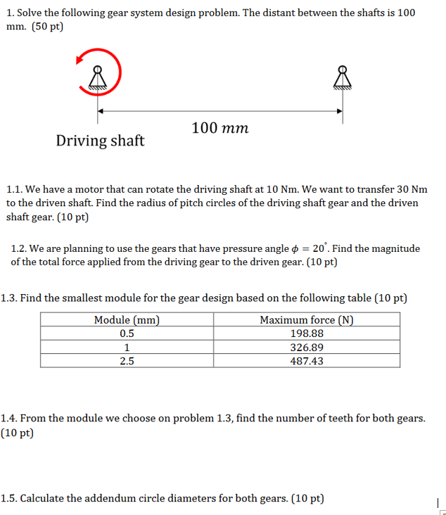 1 . Solve the following gear system design