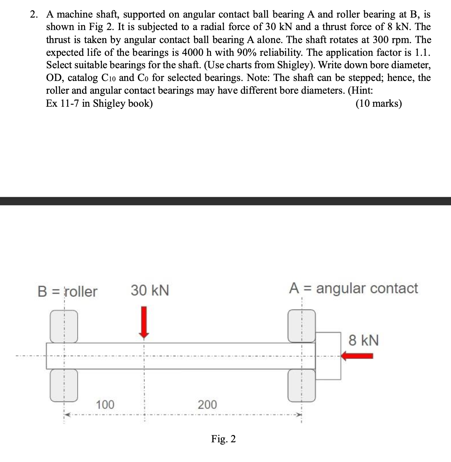 2 . A machine shaft, supported on angular contact