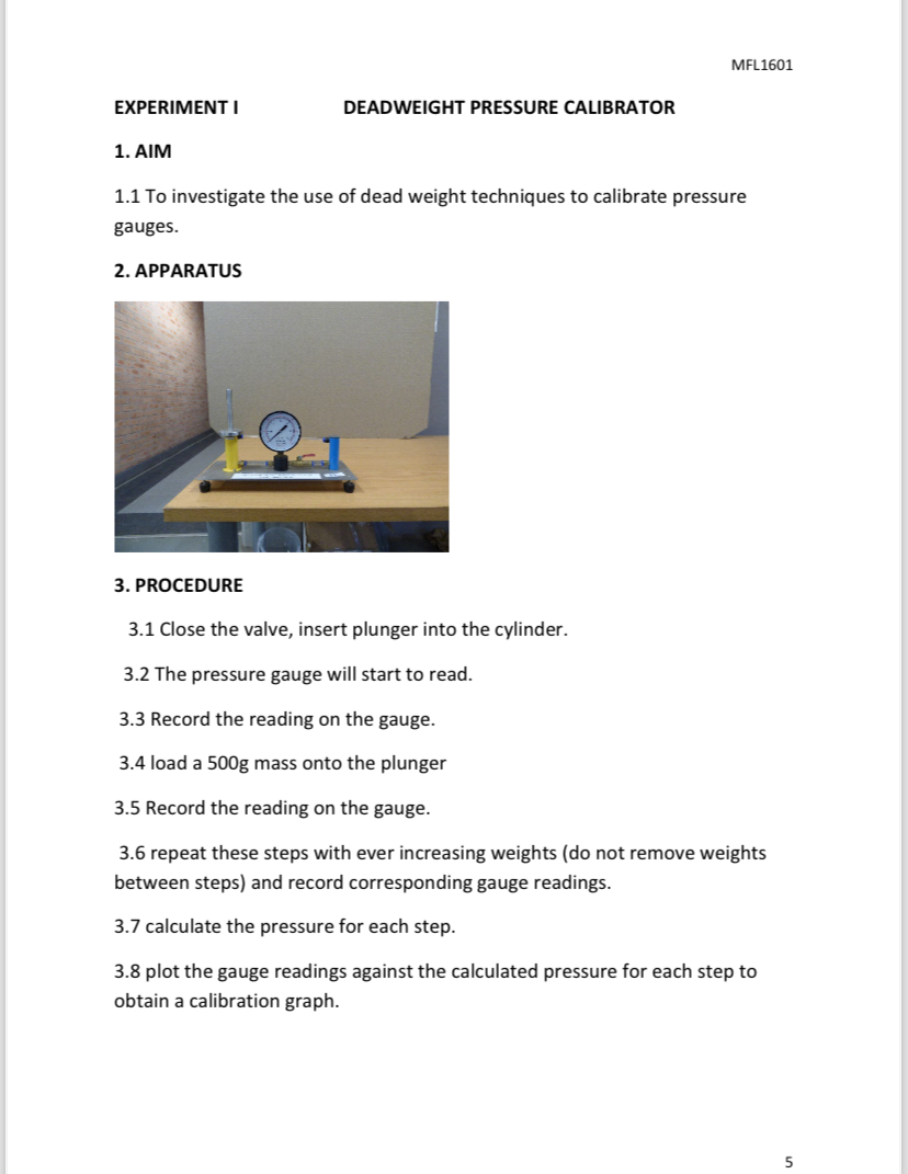 EXPERIMENT I DEADWEIGHT PRESSURE CALIBRATOR AIM 1