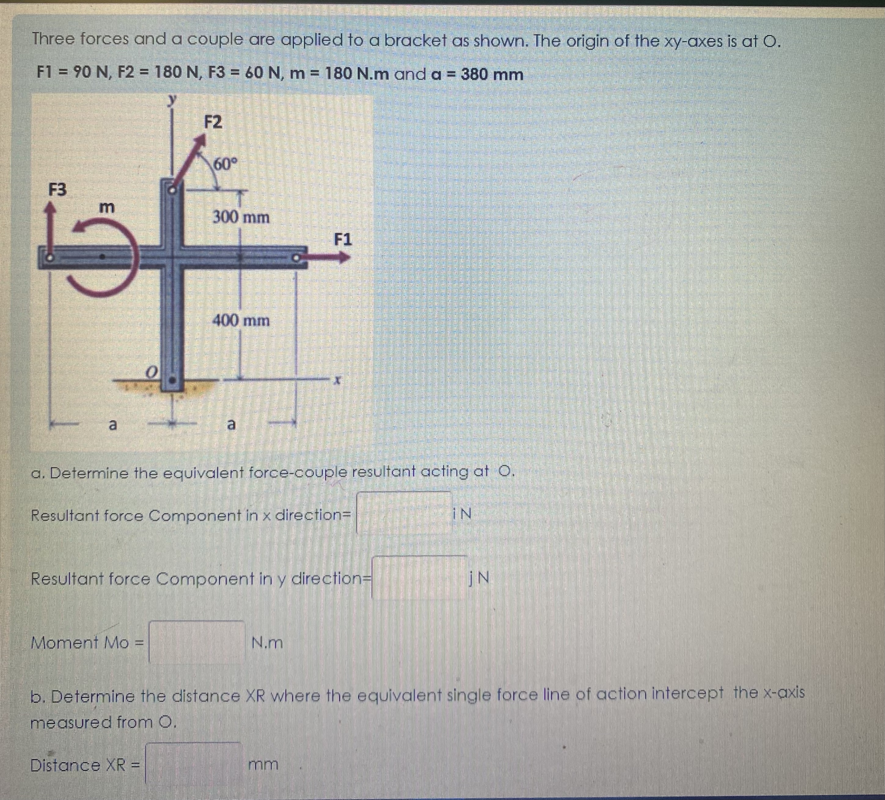 Three forces and a couple are applied to a