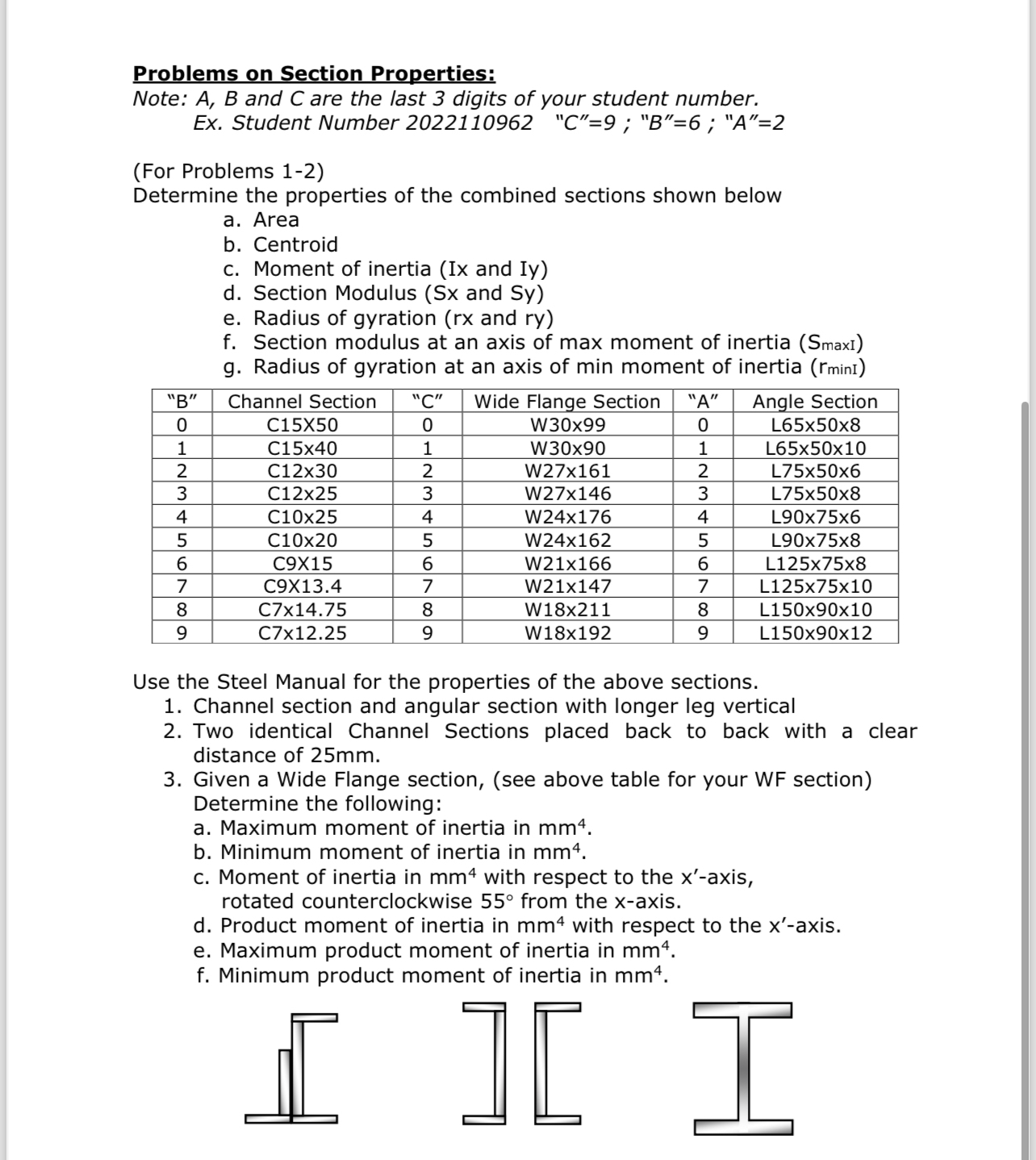 Problems on Section Properties: Note: A , B and C