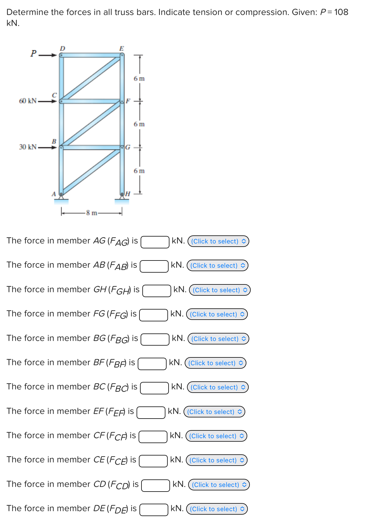 Determine the forces in all truss bars. Indicate
