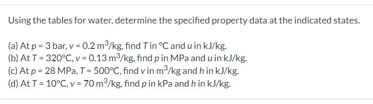 Using the tables for water, determine the