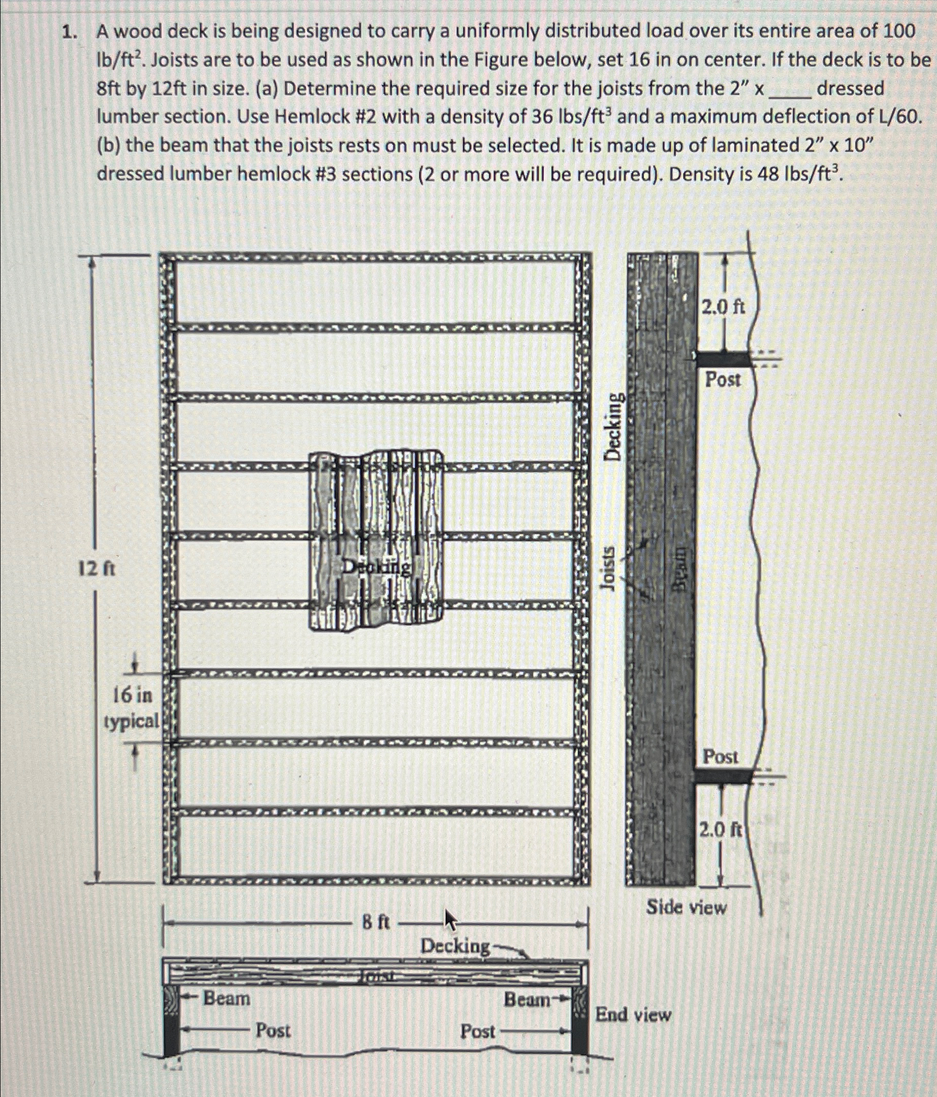 A wood deck is being designed to carry a