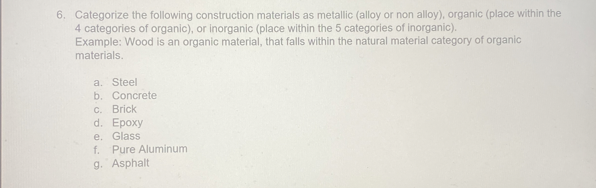 Categorize the following construction materials