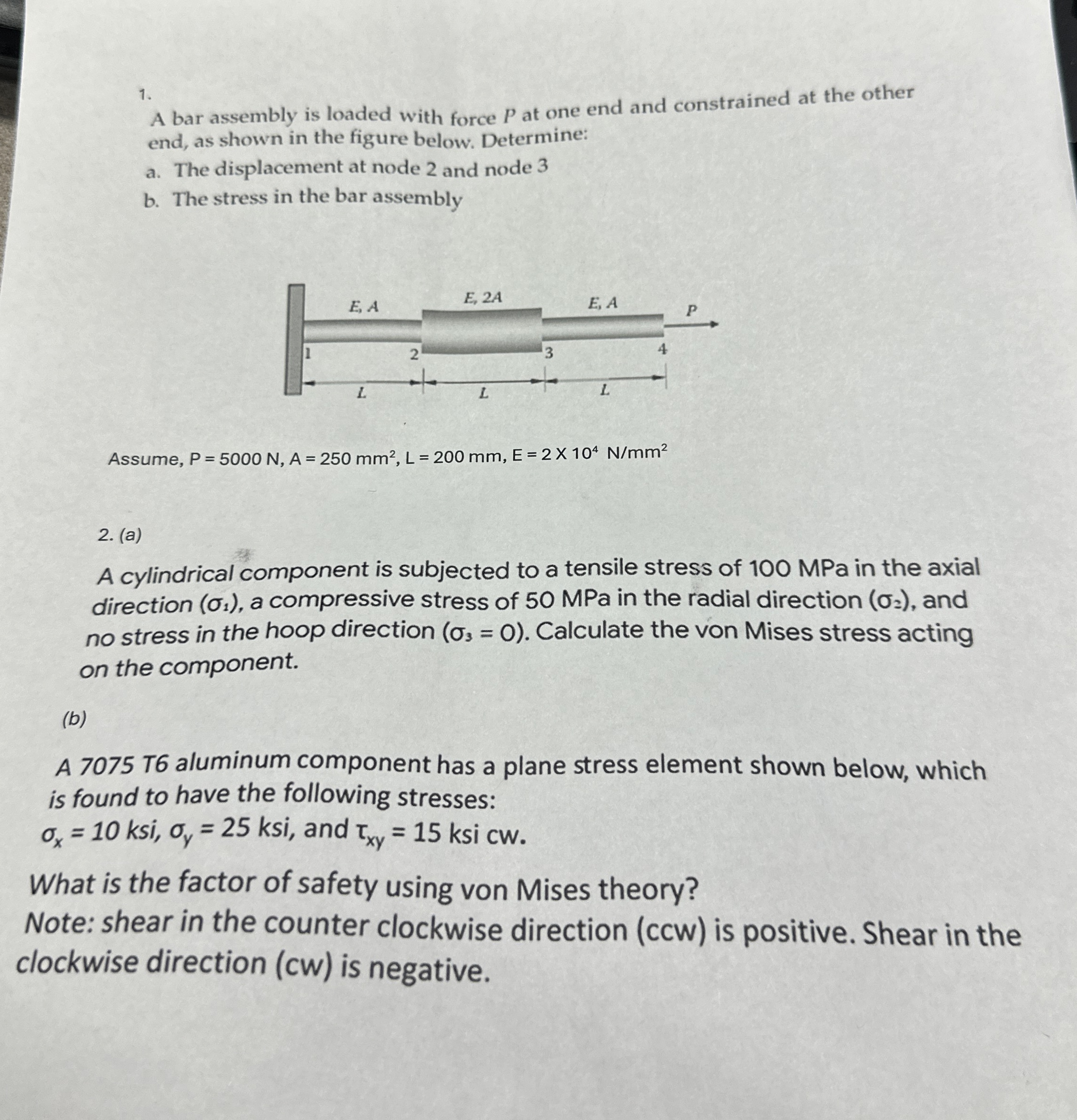A bar assembly is loaded with force P at one end