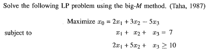 Solve the following LP problem using the big - M
