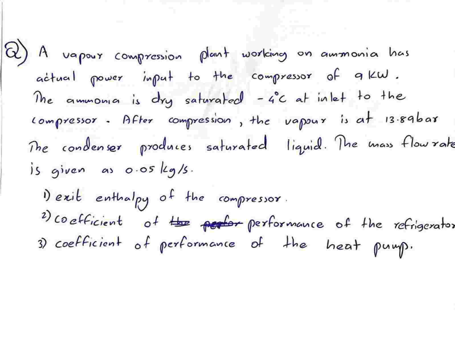 Q ) A vapour compression plant working on ammonia