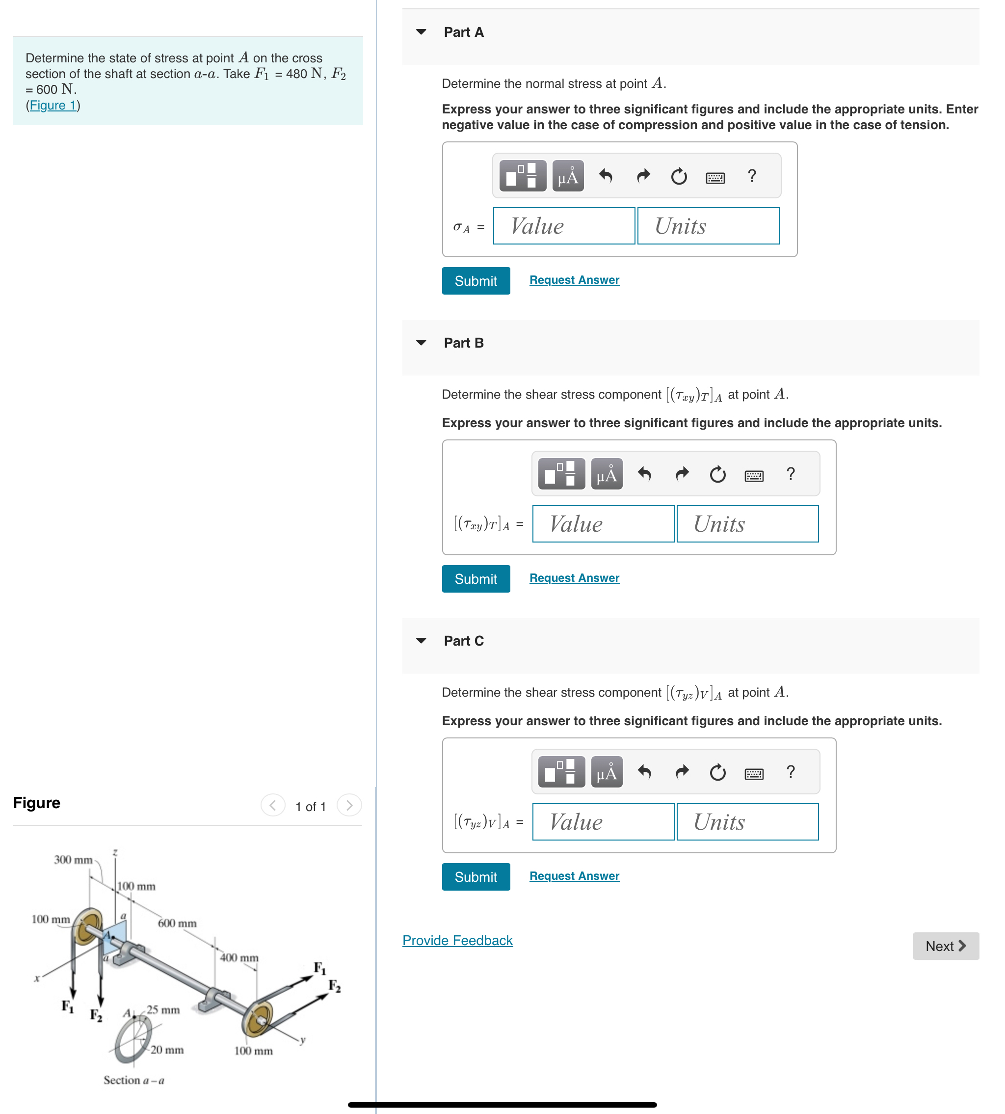 Determine the state of stress at point A on the
