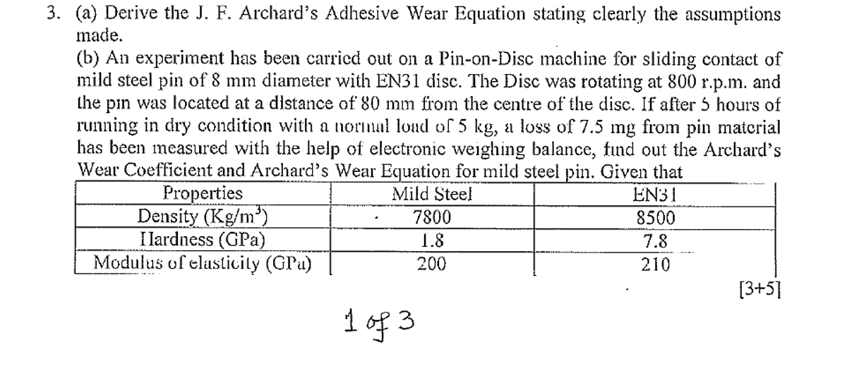 ( a ) Derive the J . F . Archard's Adhesive Wear