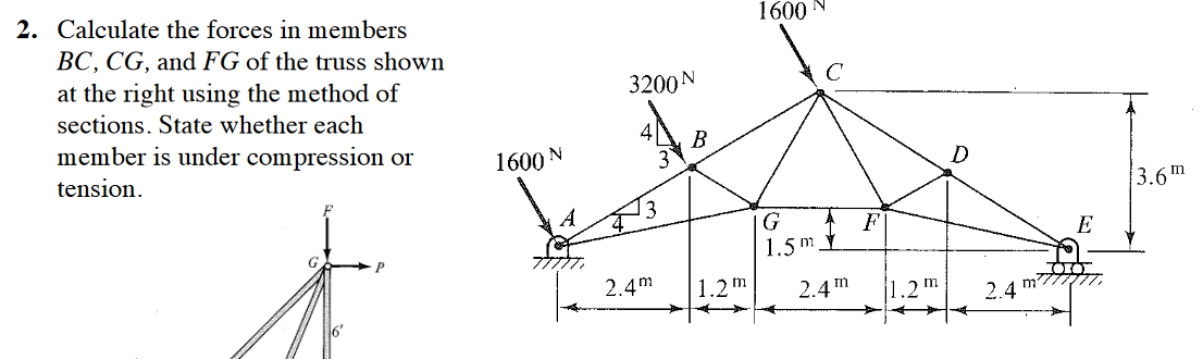Calculate the forces in members BC , CG , and FG
