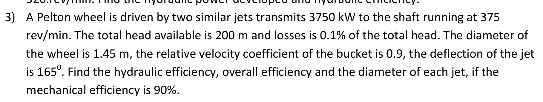 A Pelton wheel is driven by two similar jets
