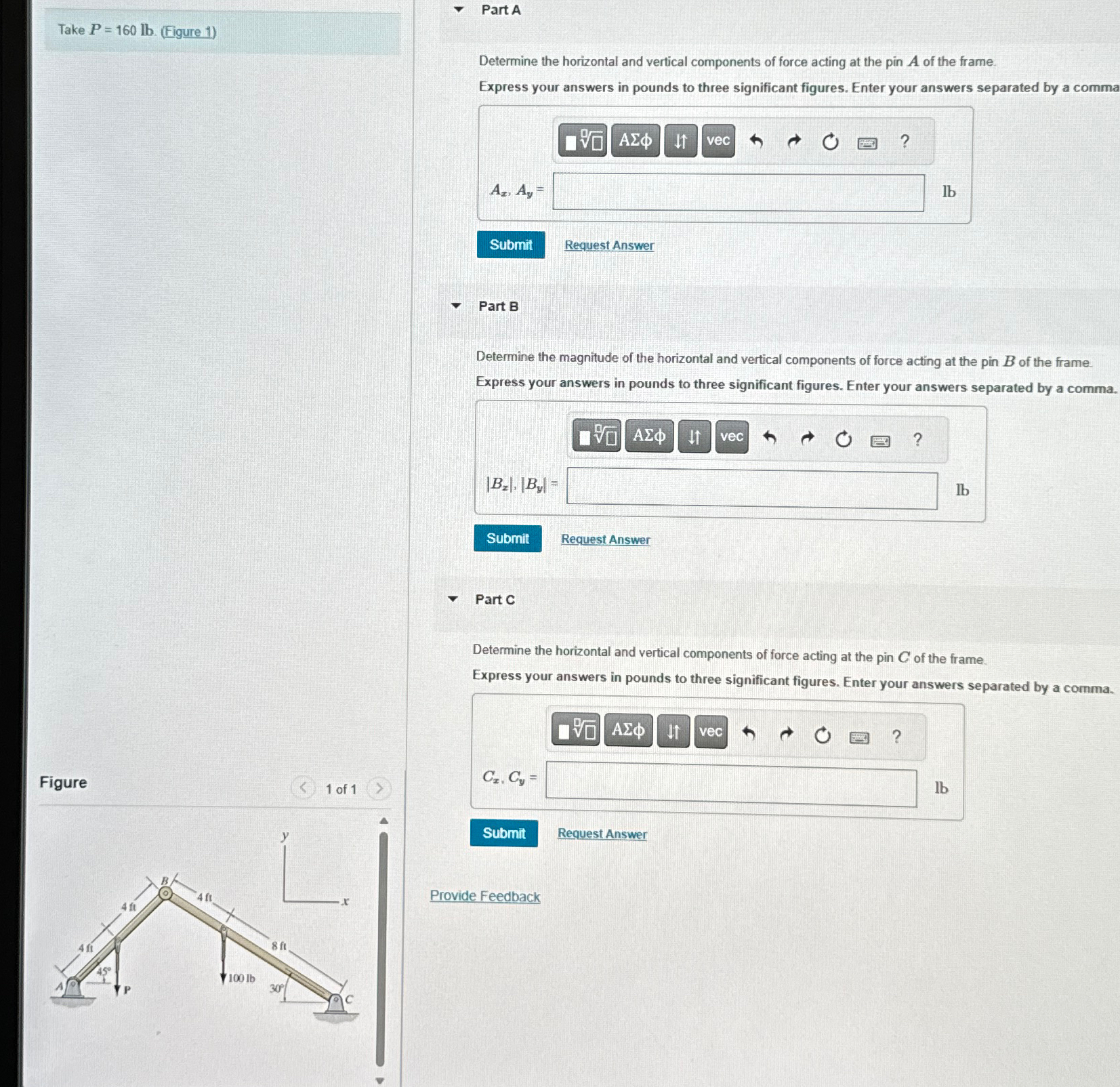 Take P = 1 6 0 l b . ( Figure 1 ) A x , A y =