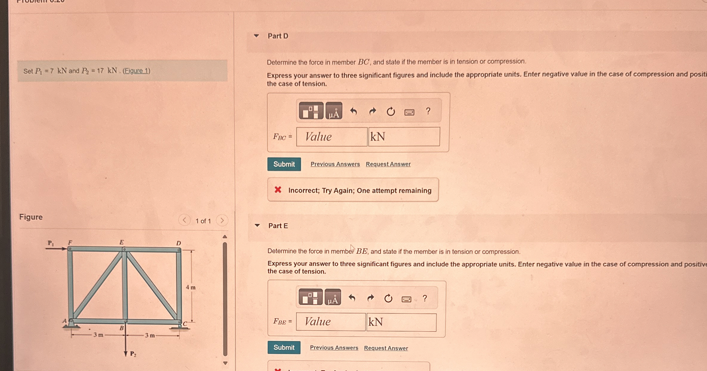 Part D Determine the force in member B C , and