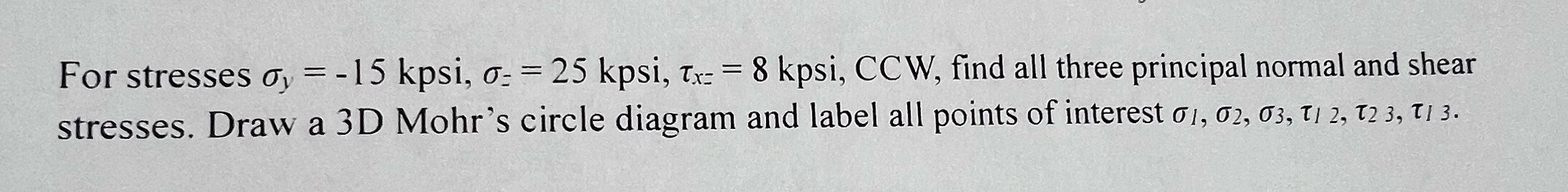 For stresses y = - 1 5 k , z = 2 5 k , x = = 8 k
