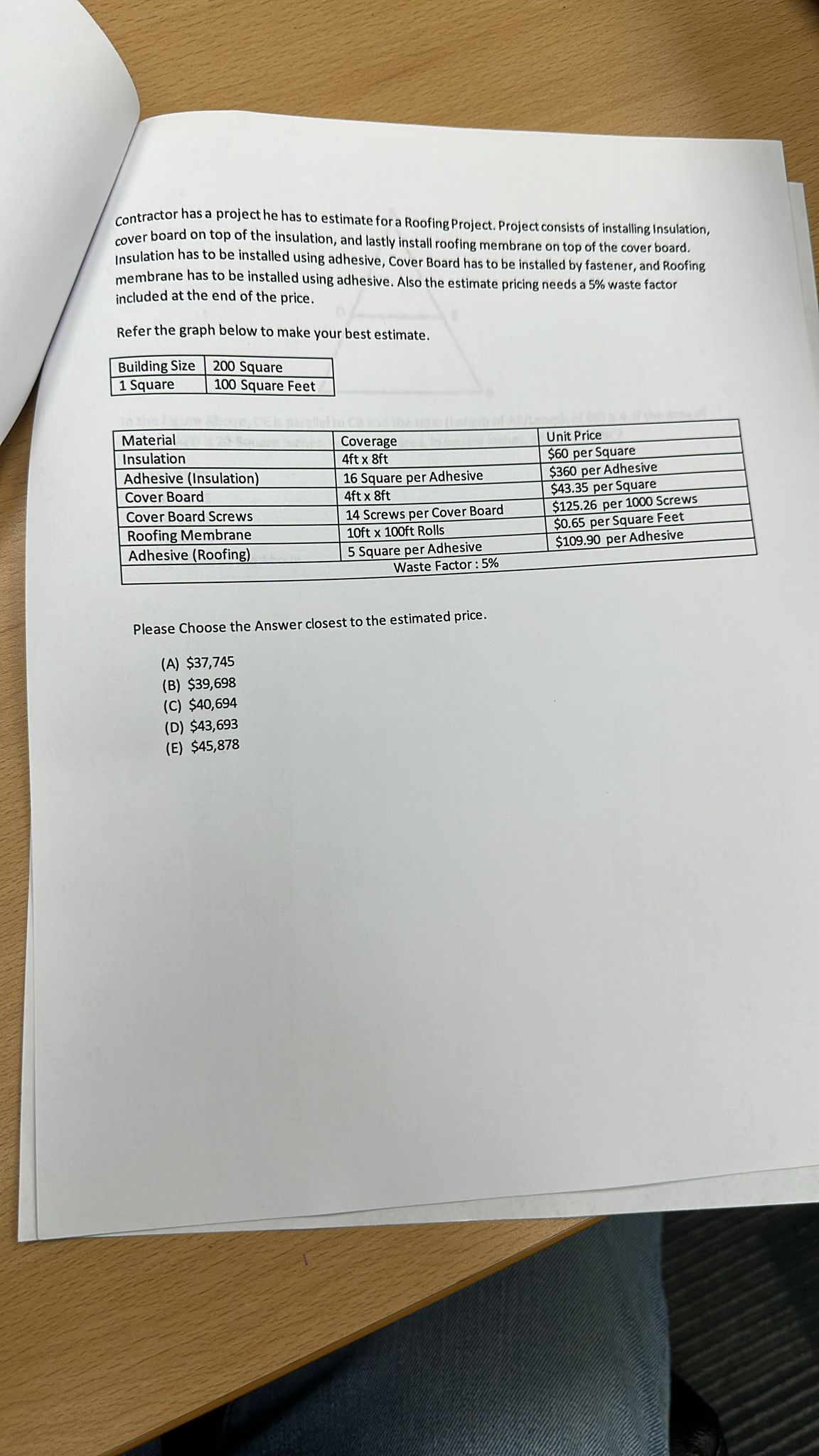 contractor has a project he has to estimate for a