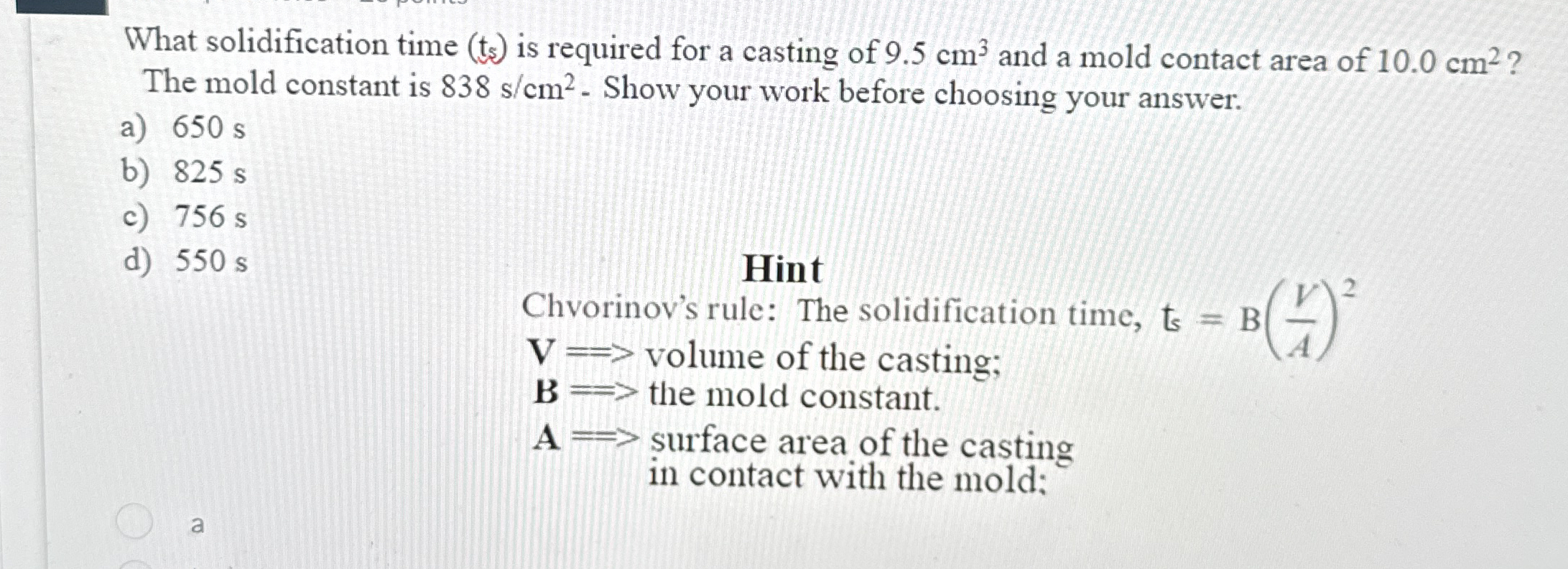 What solidification time ( t 5 ) is required for