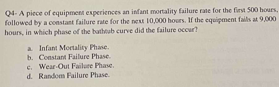 Q 4 - A piece of equipment experiences an infant