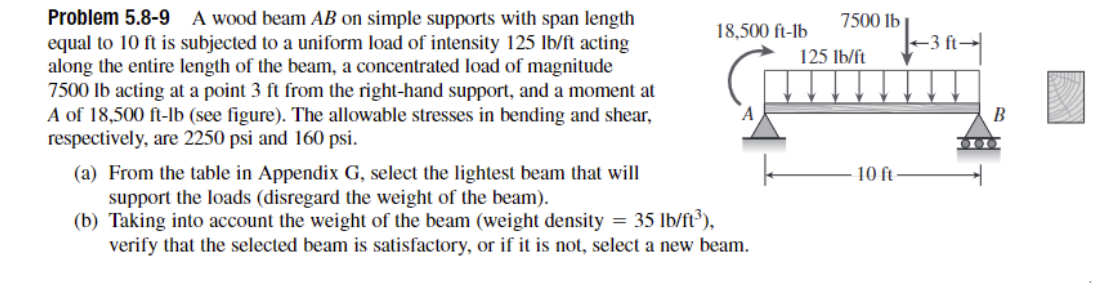 Problem 5 . 8 - 9 A wood beam A B on simple