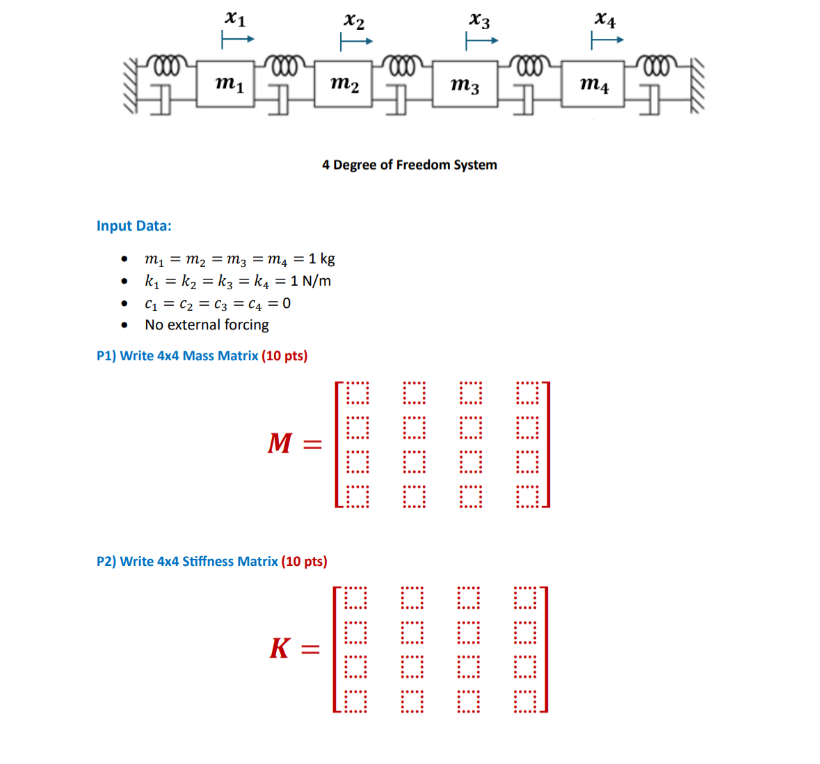 4 Degree of Freedom System Input Data: m 1 = m 2