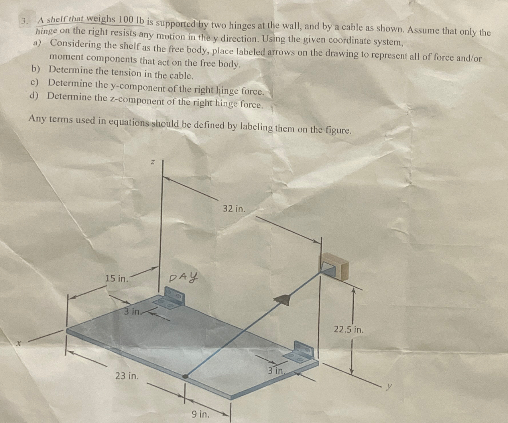 A shelf that weighs 1 0 0 l b is supported by two
