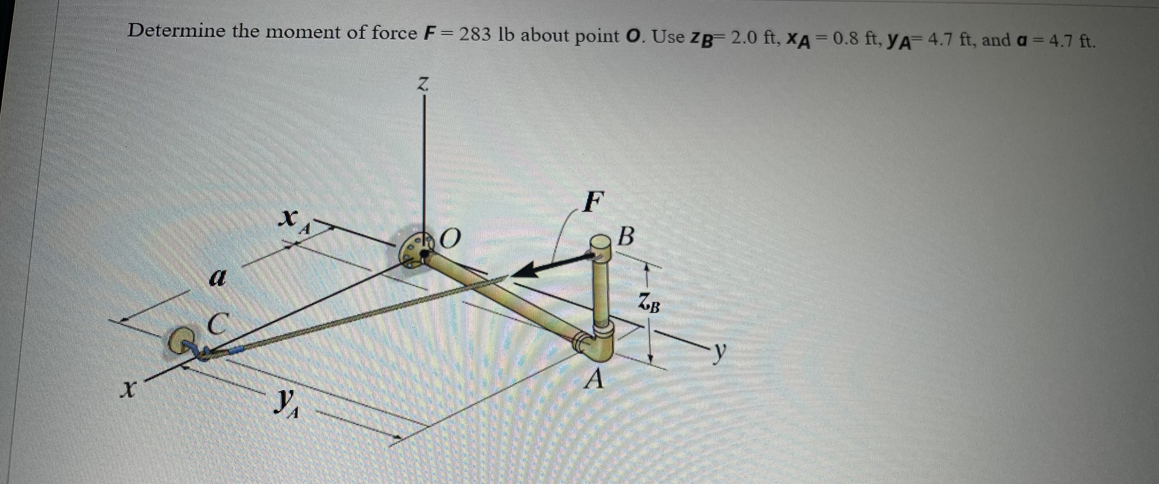 Determine the moment of force F = 2 8 3 l b about