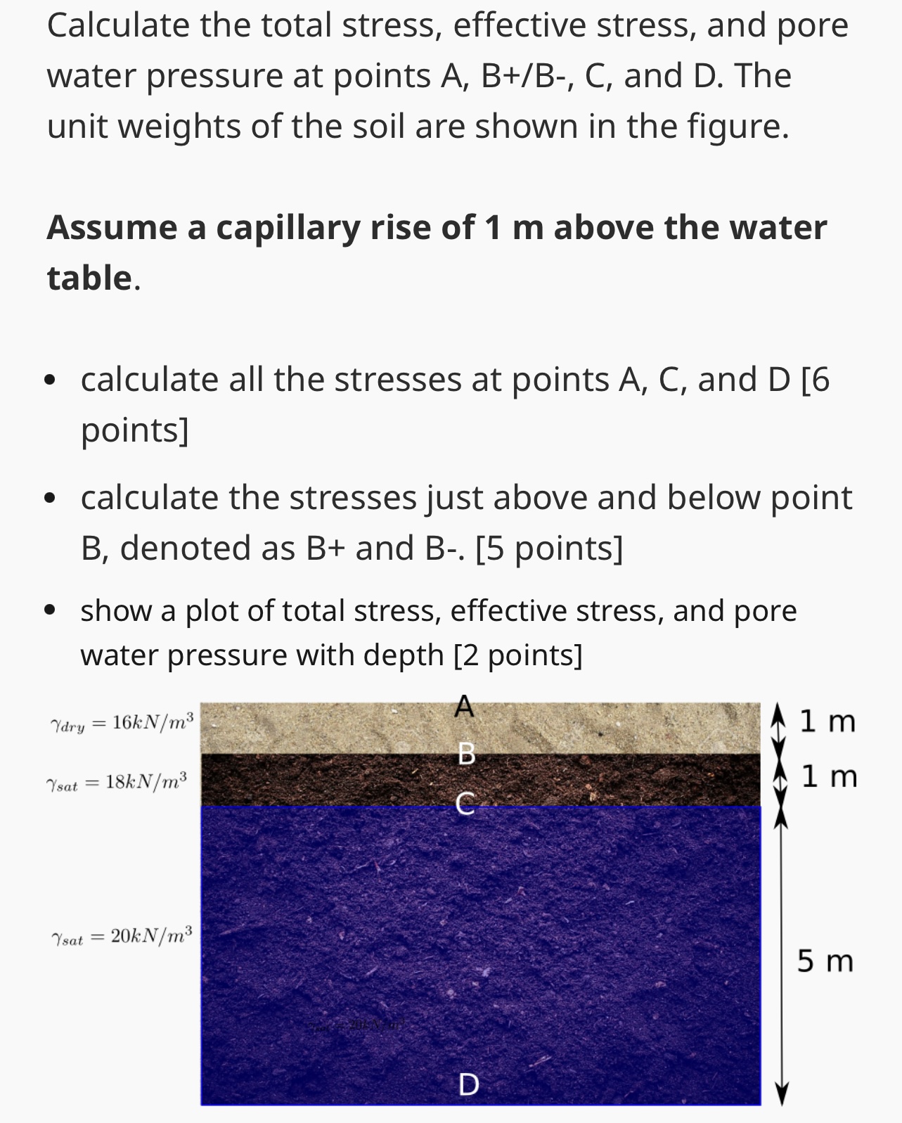 Calculate the total stress, effective stress, and