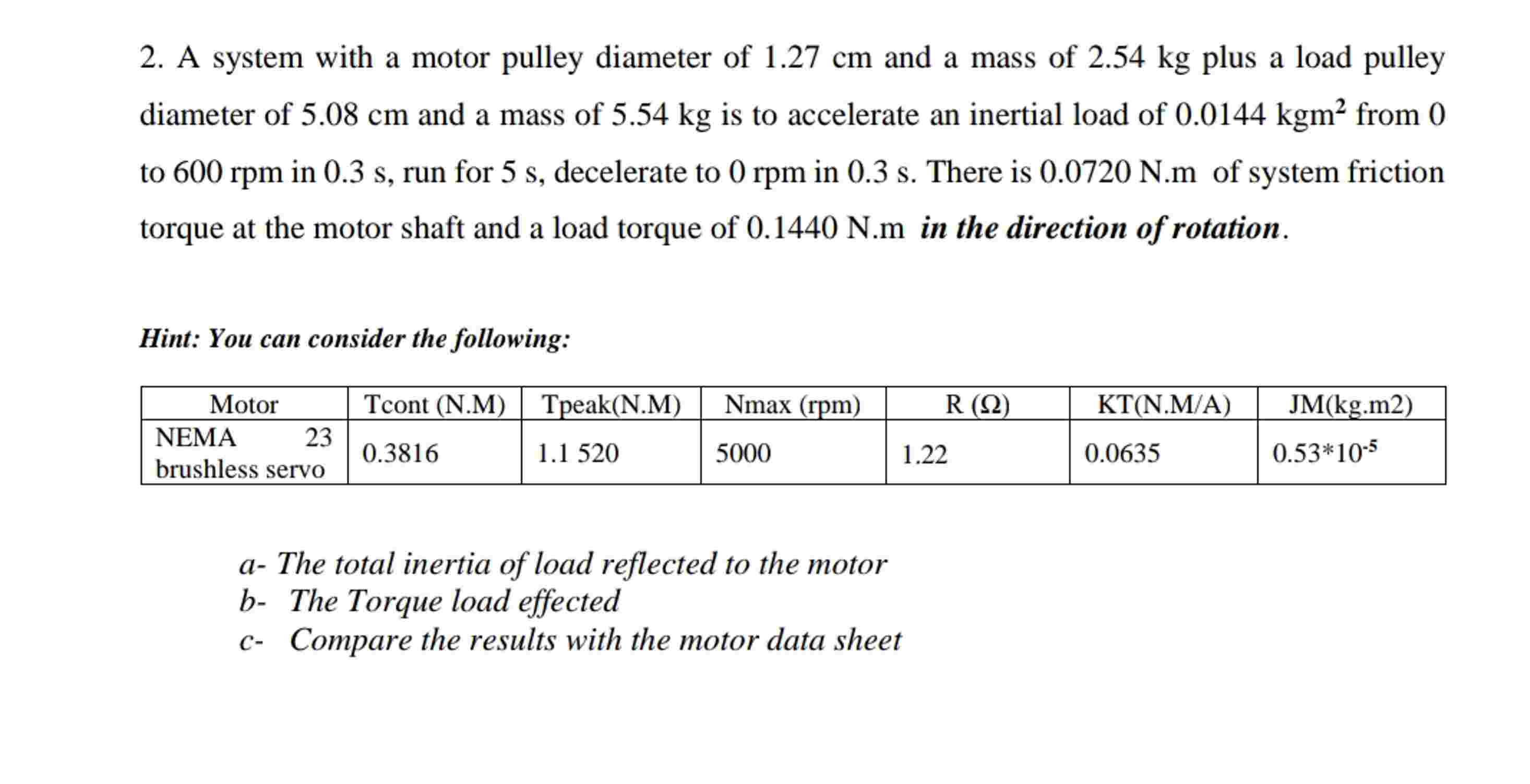 2 . A system with a motor pulley diameter of 1 .