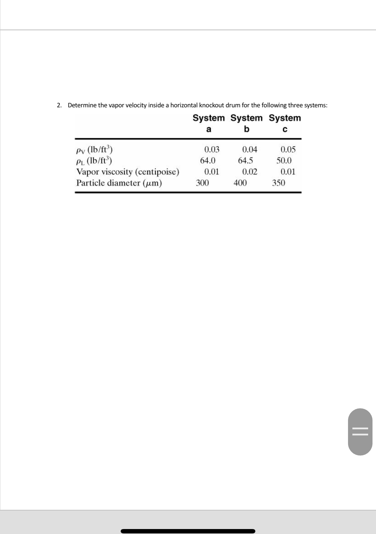 Determine the vapor velocity inside a horizontal