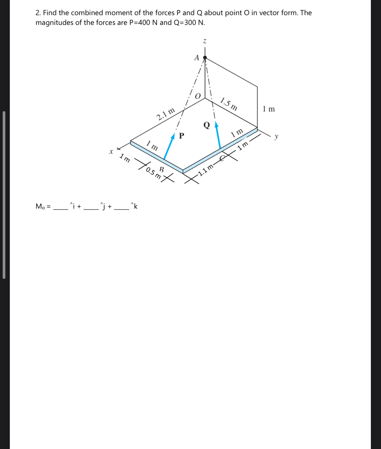 Find the combined moment of the forces P and Q
