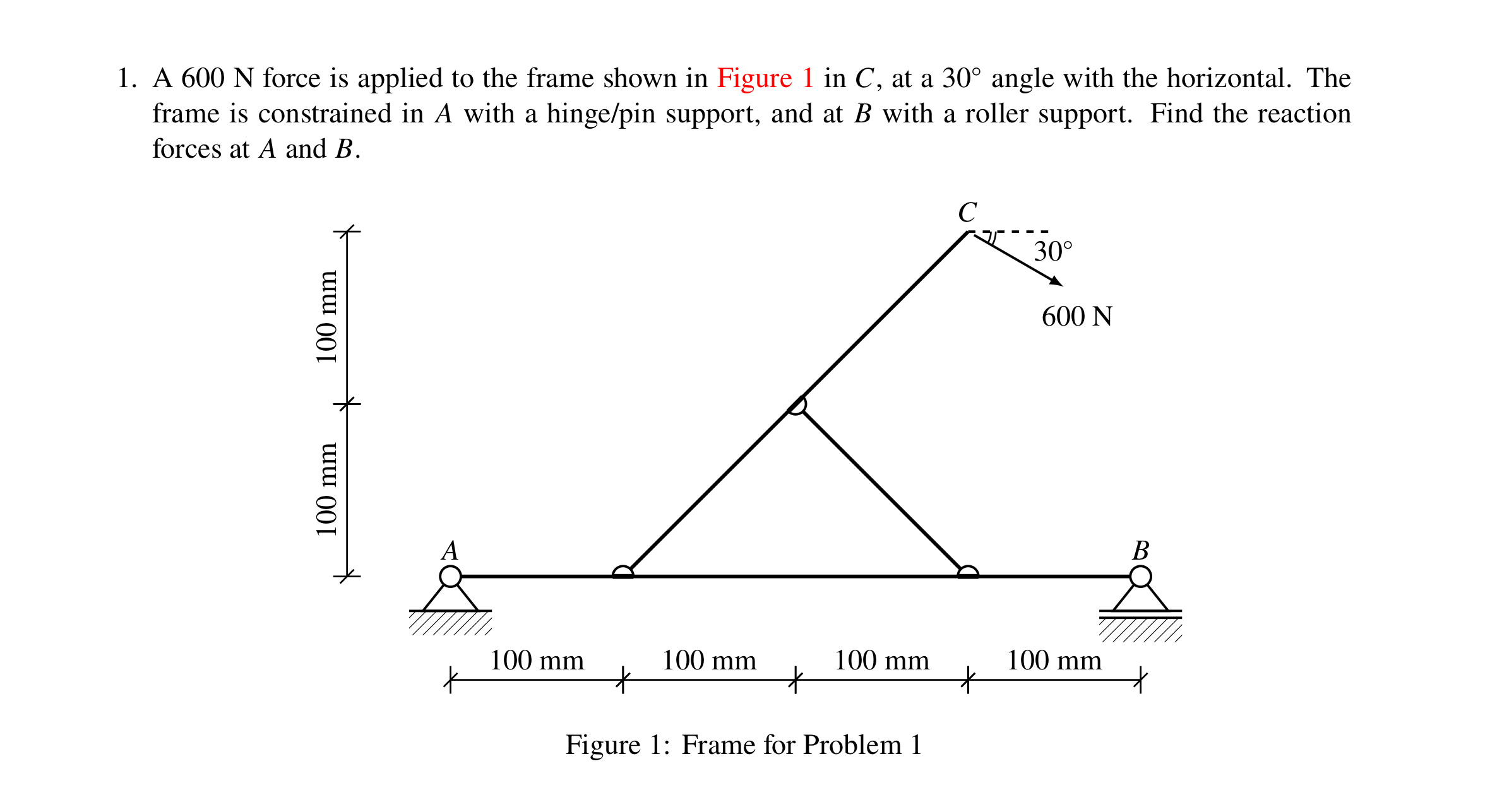A 6 0 0 N force is applied to the frame shown in