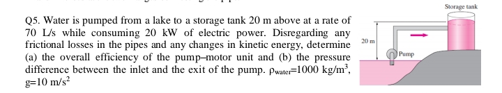 Q 5 . Water is pumped from a lake to a storage