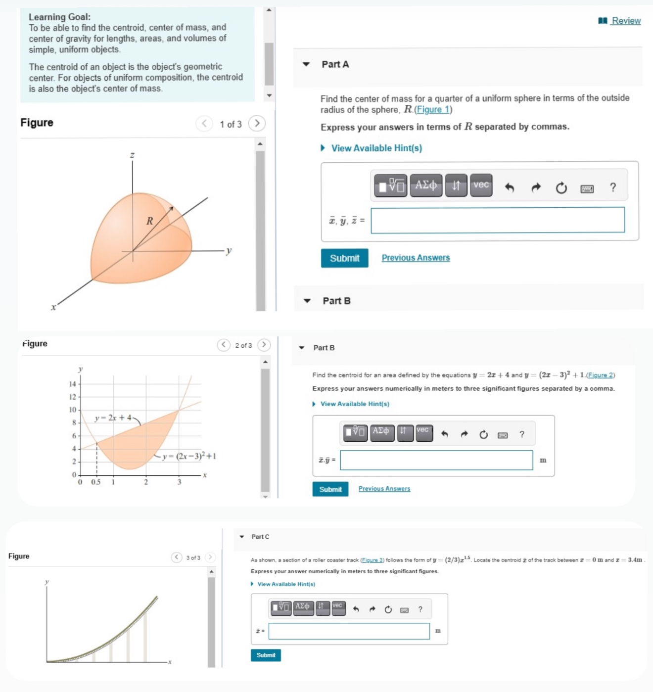 Part A Find the center of mass for a quarter of a
