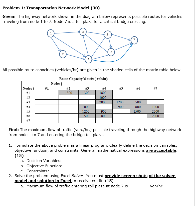 Problem 1 : Transportation Network Model ( 3 0 )