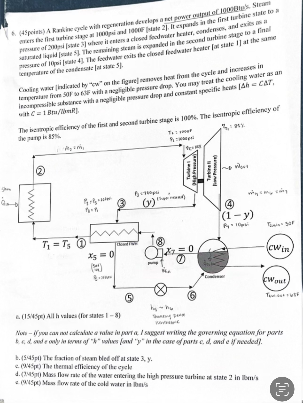 ( 4 5 points ) A Rankine cycle with regeneration
