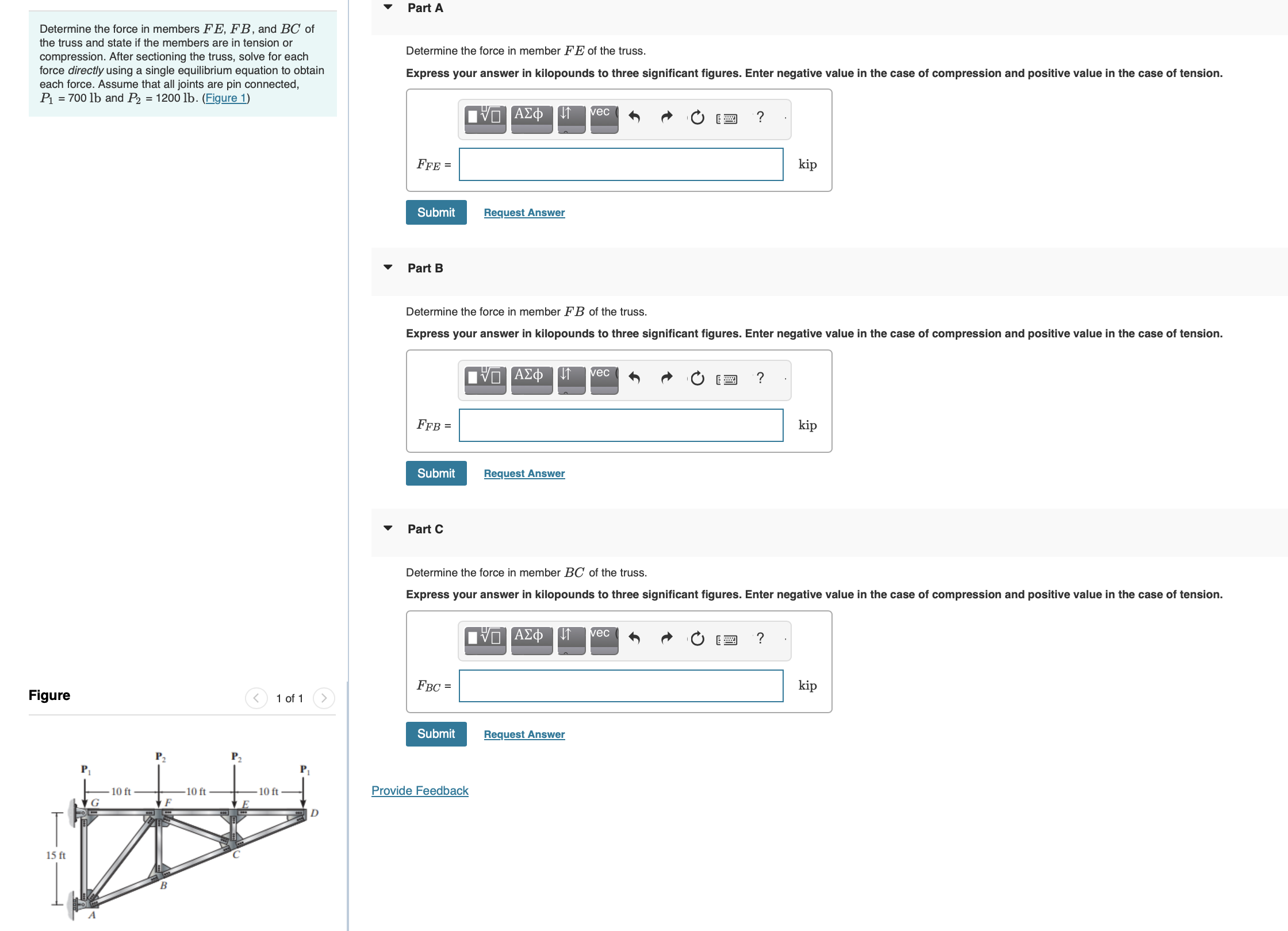 Determine the force in members \ ( F E , F B \ )