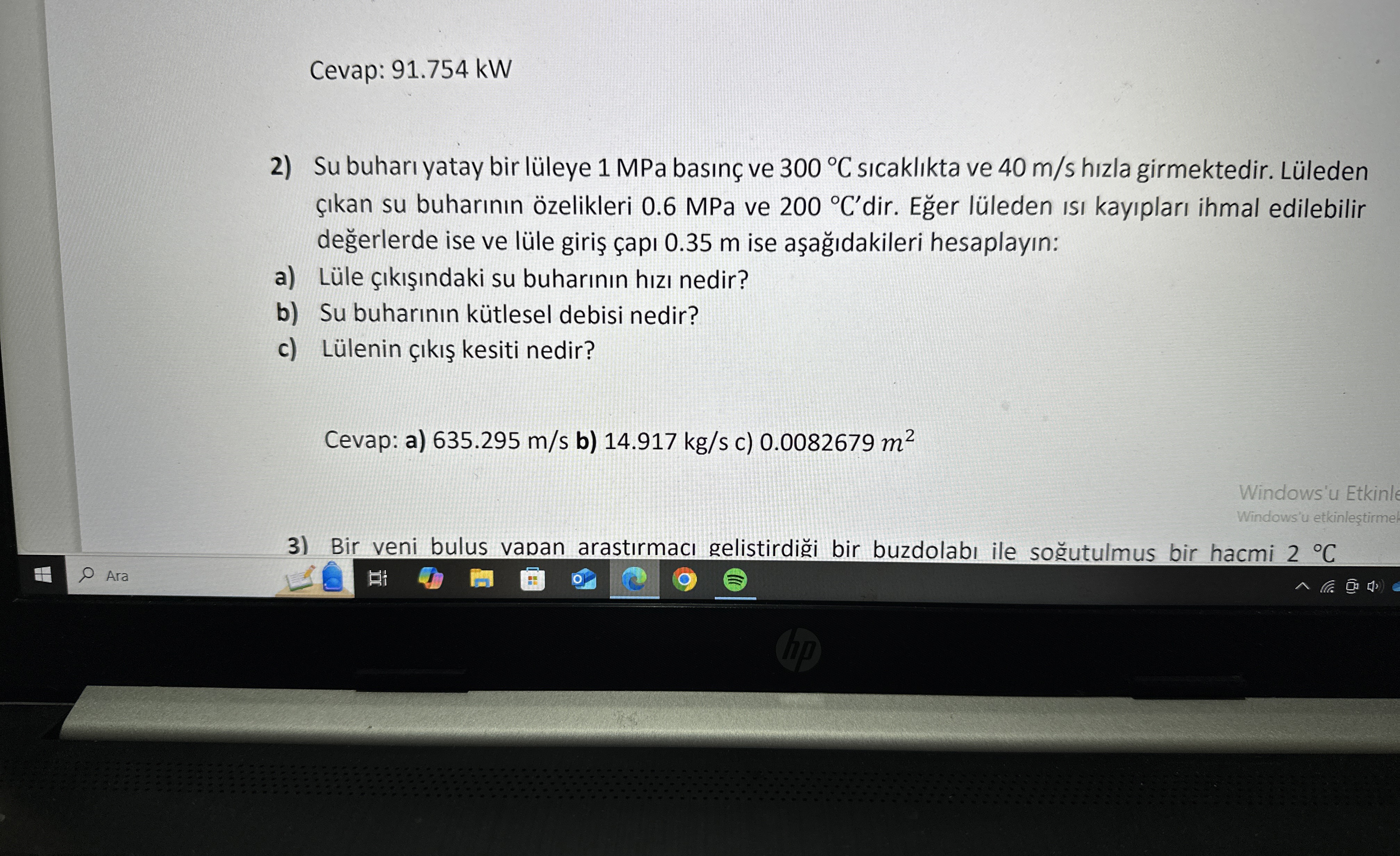 Cevap: 9 1 . 7 5 4 kW Su buhar yatay bir l leye 1