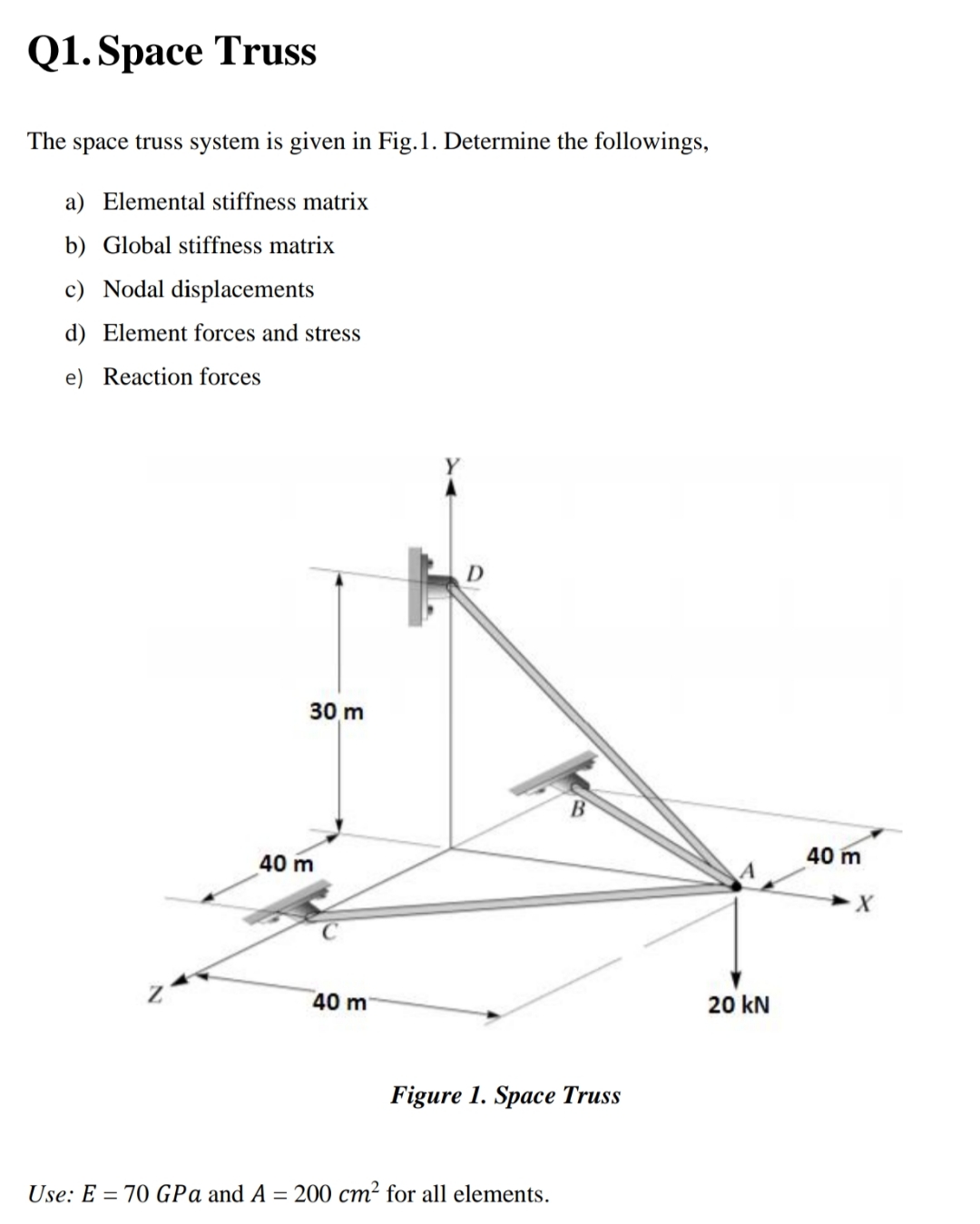 Q 1 . Space Truss The space truss system is given