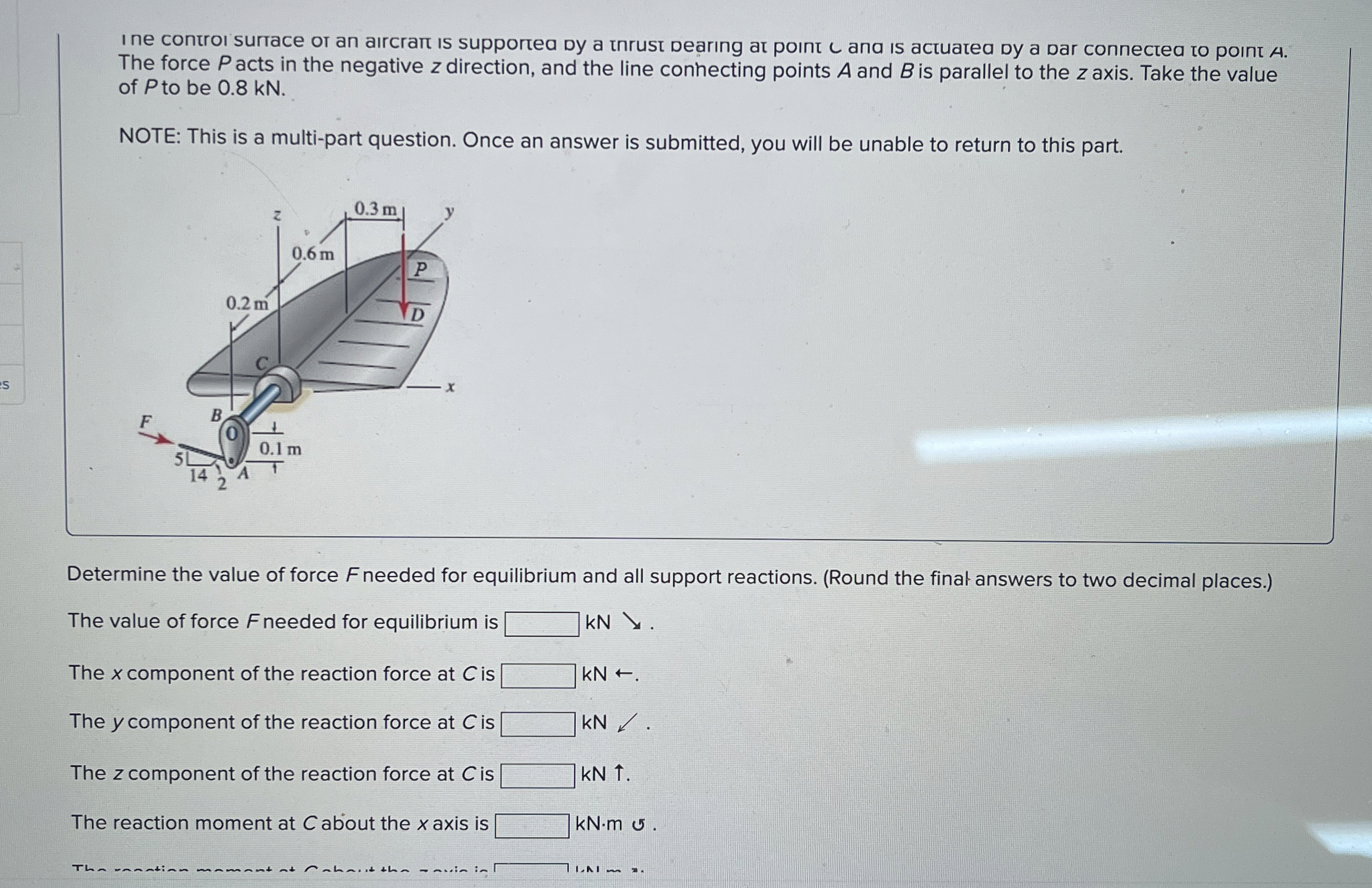 The force P acts in the negative z direction, and