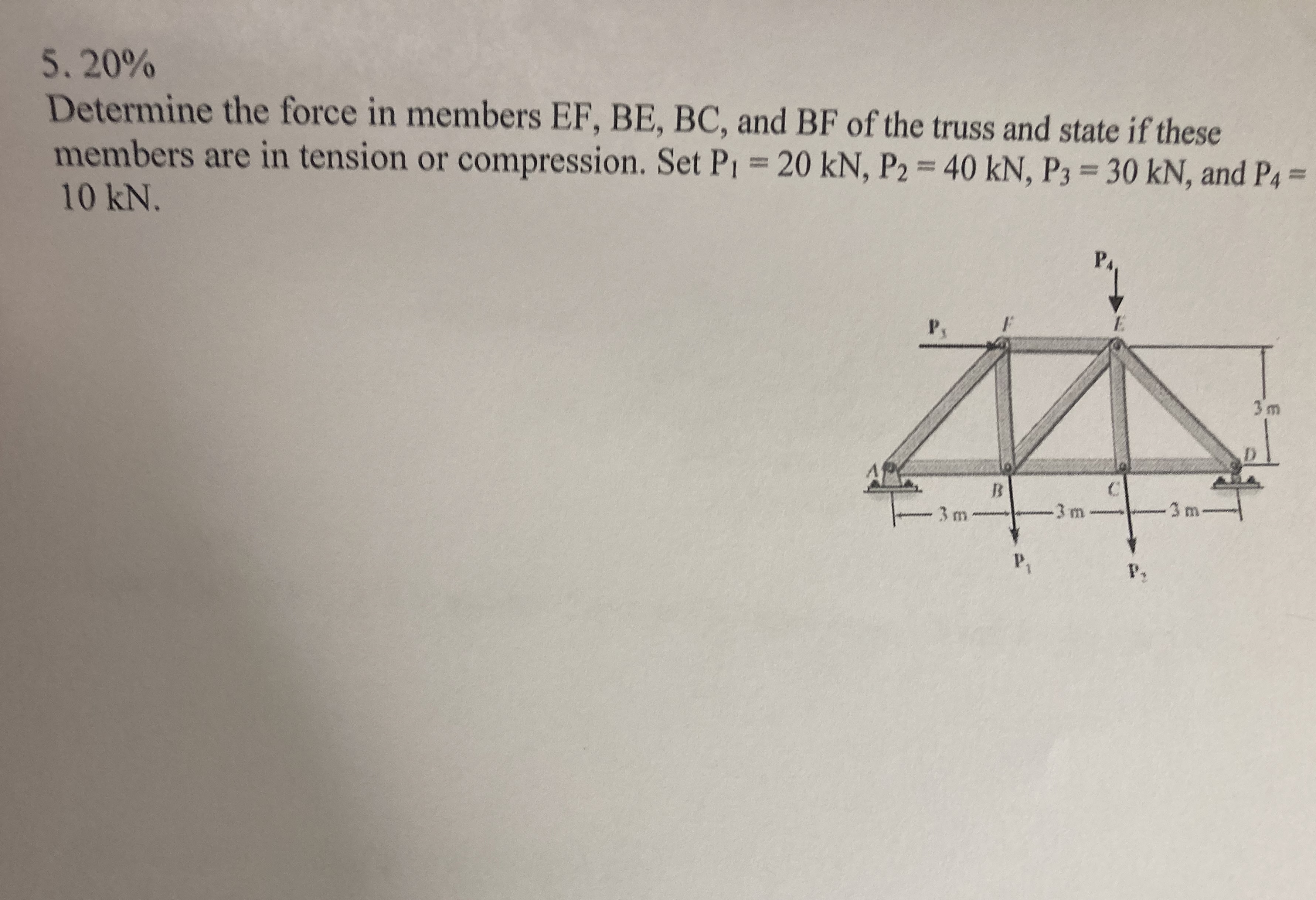 2 0 % Determine the force in members E F , B E ,