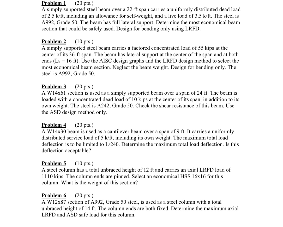 Problem 1 ( 2 0 pts . ) A simply supported steel