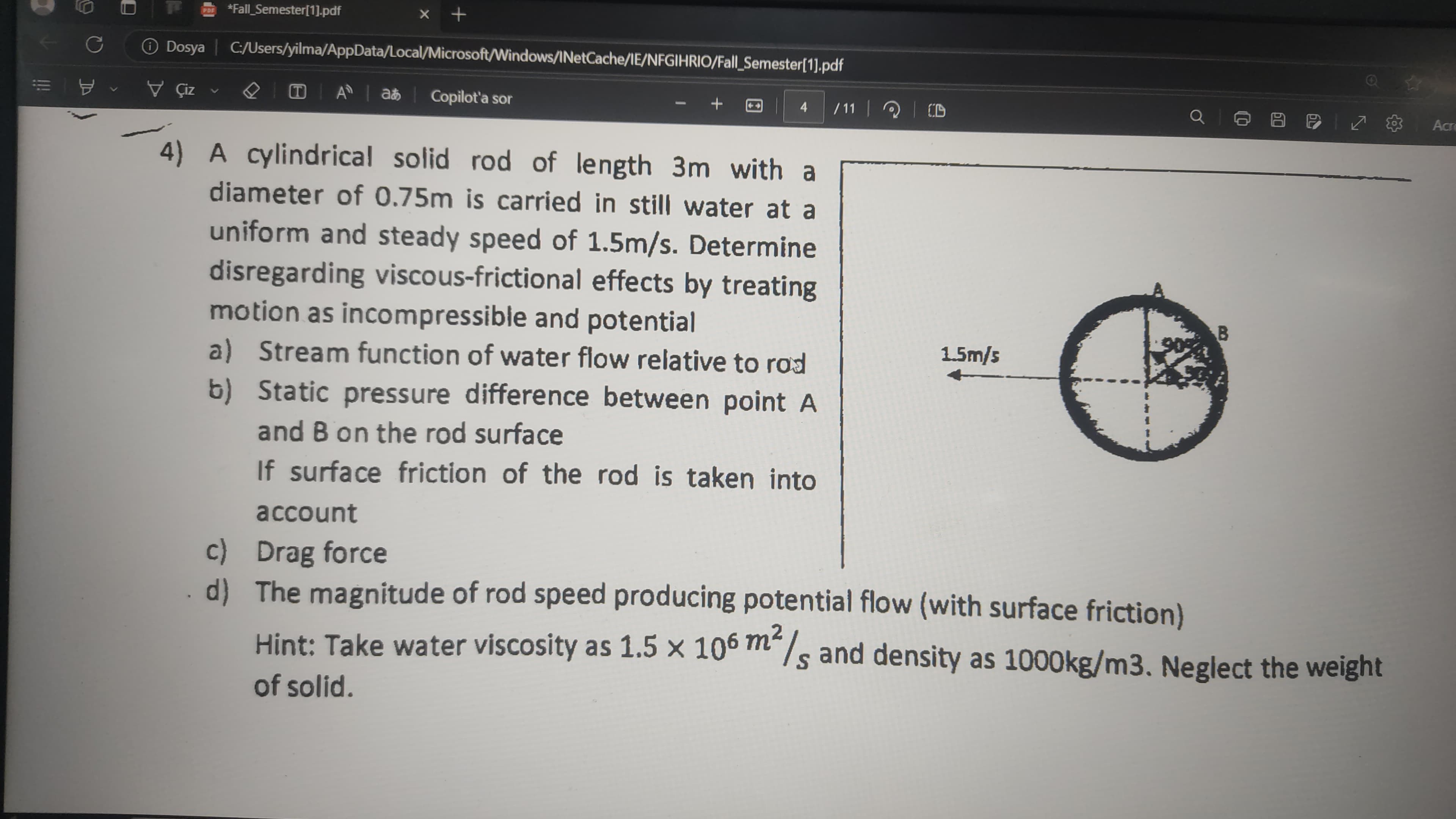4 ) A cylindrical solid rod of length 3 m with a