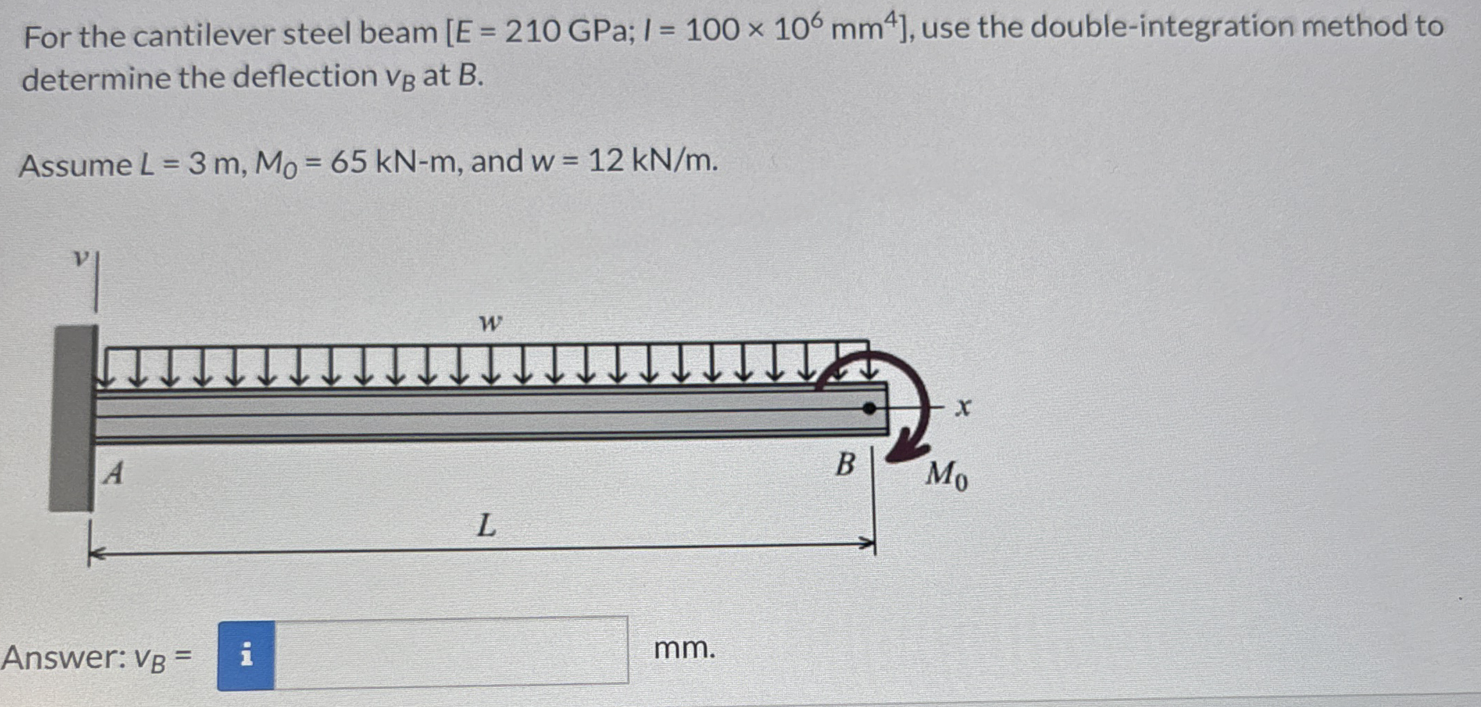 For the cantilever steel beam E = 2 1 0 GPa; I =