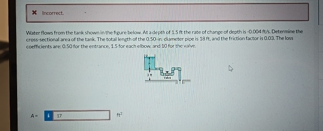 Incorrect. Water flows from the tank shown in the